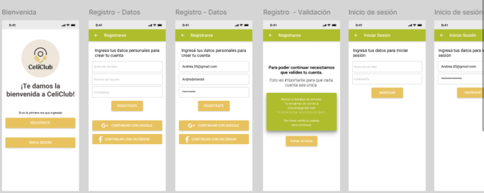 Flujo de registro e inicio de sesión de CeliClub en alta fidelidad